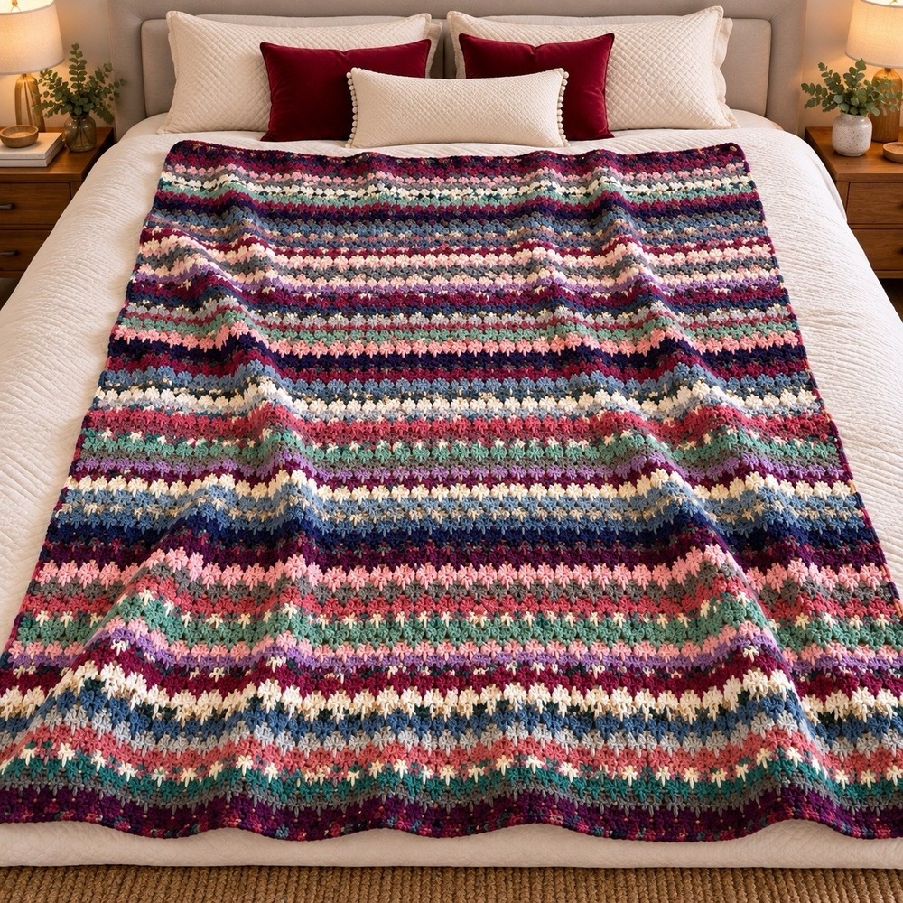 Vintage Handmade Crochet Afghan Multicolor Granny Stripe Weighty Blanket 66x78